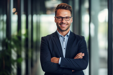 Portrait of a smiling handsome confident businessman standing in modern office building looking at the camera with successful Happy Young Male Worker. Business People. - obrazy, fototapety, plakaty