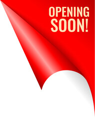 Opening soon announce design with curled page corner - obrazy, fototapety, plakaty