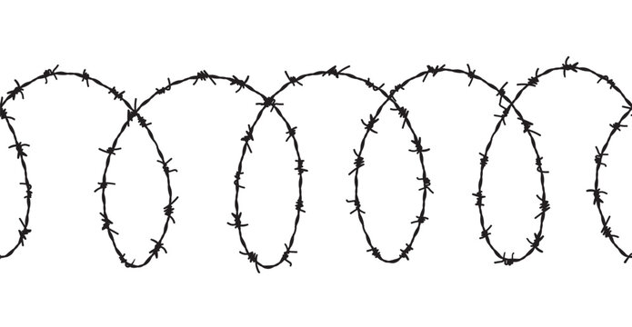 Barbed seamless wire vector fence barbwire border chain. Prison line war barb background metal silhouette.