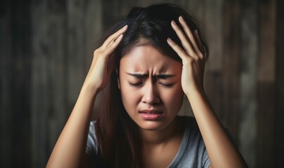 A Profound Gaze into Emotional Turmoil: The Evocative Portrait of a Stressed, Upset Young Asian Woman, Bearing a Painful Grimace, Illustrating the Complexities of Inner Struggle and Despair 