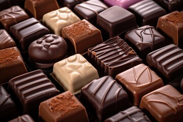 Naklejka premium Decadent delights. Mouthwatering assortment of fine chocolates in various shapes and flavors. Sweet indulgence. Tempting collection of gourmet chocolate perfect for celebrations and holidays