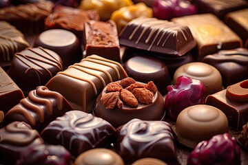 Fototapeta premium Decadent delights. Mouthwatering assortment of fine chocolates in various shapes and flavors. Sweet indulgence. Tempting collection of gourmet chocolate perfect for celebrations and holidays