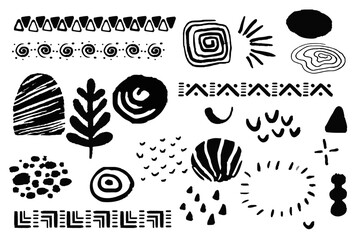Set african tribal ethnic shapes elements in doodle style isoated on white background. Brush ornaments native sign. - obrazy, fototapety, plakaty