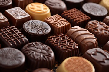 Decadent delights. Mouthwatering assortment of fine chocolates in various shapes and flavors. Sweet indulgence. Tempting collection of gourmet chocolate perfect for celebrations and holidays