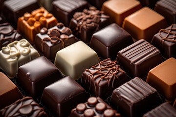 Fototapeta premium Decadent delights. Mouthwatering assortment of fine chocolates in various shapes and flavors. Sweet indulgence. Tempting collection of gourmet chocolate perfect for celebrations and holidays