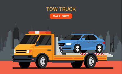 Car tow truck accident roadside assistance. Crash breakdown flatbed blue car recovery tow truck