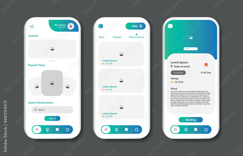 Poster online tourist destination search design for mobile applications. travel destination platform screen