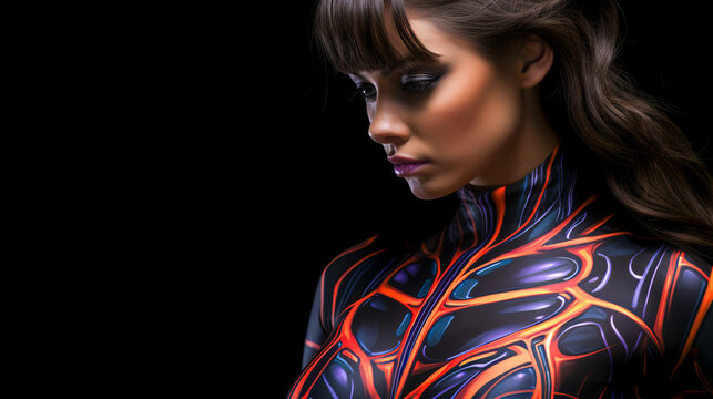 Young woman with neon body paint on black background.