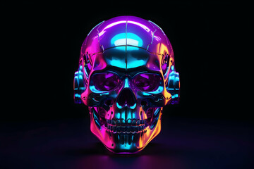 neon light robot skull on black background