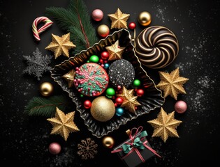 New Year background with Christmas decorations Top view