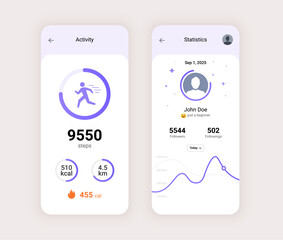 Step counter fitness tracker app design. Walk flat health fit activity vector smart phone watch step counter.