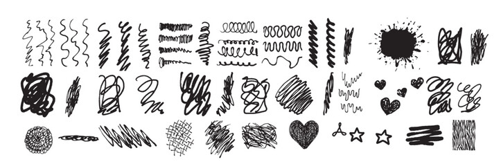 Set of hand drawn scribble spots isolated on white. Doodle style sketches. Monochrome vector design elements