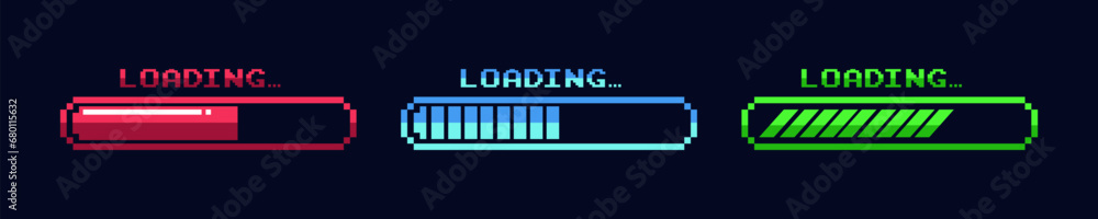 Poster pixel art 8-bit loading bar concept on dark background.