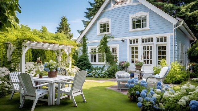 Lovely blue house with beautiful garden and farmhouse vibes Terrace with wicker baskets greenery and white furniture Backyard with gardening tools