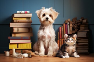 Cat and dog resting on a tabletop beside a heap of reading material