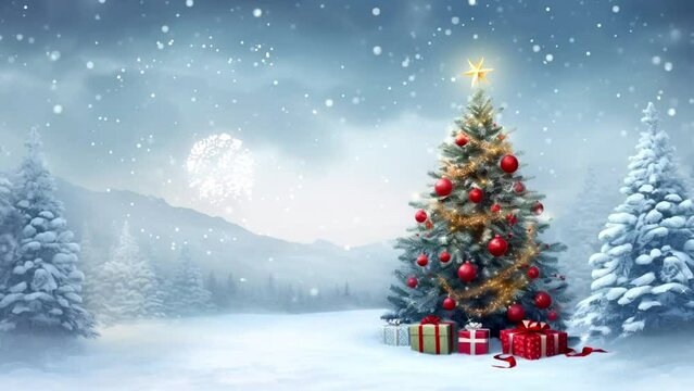 christmas tree in snow with copy space, loop video background animation, cartoon anime style, for vtuber / streamer backdrop