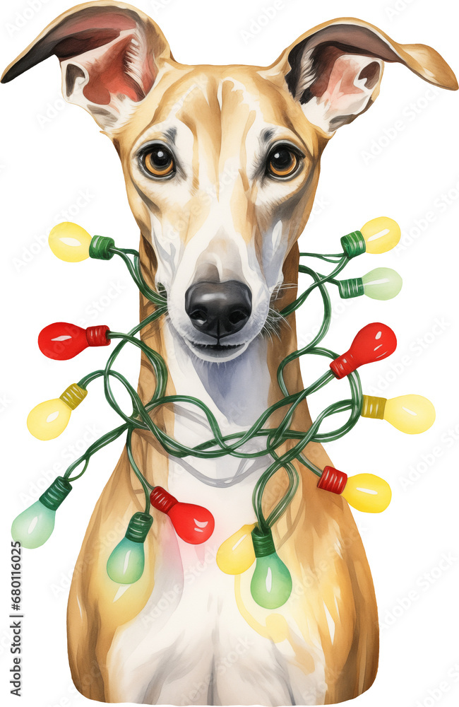 Aufkleber christmas whippet in santa hat wrapped in christmas lights created with generative ai technology