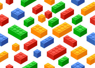 Block toy brick building icon seamless background. Isometric vector brick toy plastic set cube