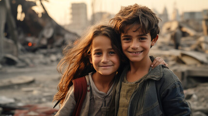 Arab boy and girl smile at city destroyed in war - obrazy, fototapety, plakaty