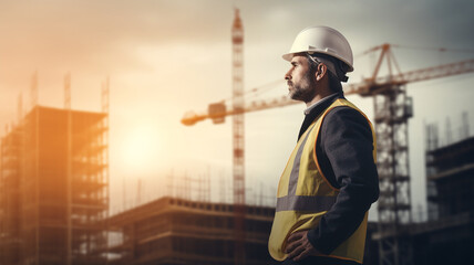 Engineer controls construction site and sunrise - obrazy, fototapety, plakaty