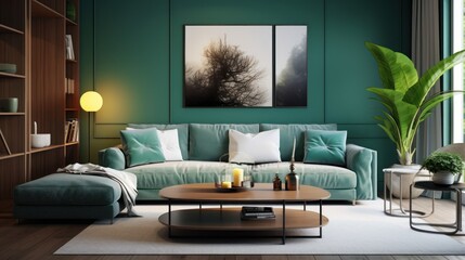 The minimalist living room elegantly combines modernity and coziness, highlighted by the vibrant shade of green in the decor. This mixture creates a comfortable and stylish atmosphere.