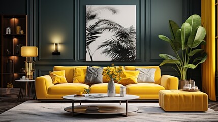 The minimalist living room harmoniously combines modernity and coziness with a vibrant shade of yellow incorporated into the decor. This combination creates a cozy and stylish atmosphere.
