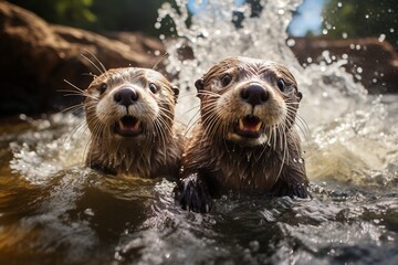 Close-up shot of a pair of river otters swimming in the water - obrazy, fototapety, plakaty