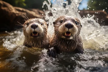 Foto op Plexiglas Close-up shot of a pair of river otters swimming in the water © Alisha