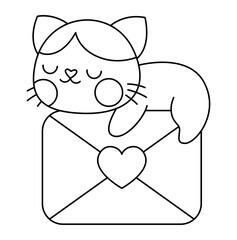 Vector black and white kawaii cat sleeping on envelope with heart. Line kitty isolated clipart. Cute kitten illustration. Funny Saint Valentine day coloring page for kids with love mail concept