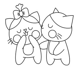 Vector black and white kawaii kissing cat pair icon. Line kitties isolated clipart. Cute kitten outline illustration. Funny Saint Valentine day coloring page for kids with love concept.