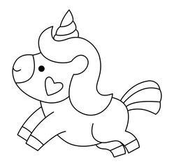 Vector black and white kawaii unicorn icon with heart on his cheek. Line little pony isolated clipart. Cute animal  illustration. Funny Saint Valentine day coloring page for kids with love concept