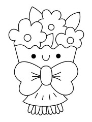 Vector black and white kawaii bouquet icon with bow. Line flowers bunch isolated clipart. Cute present outline illustration. Funny Saint Valentine or holiday coloring page for kids with love concept.