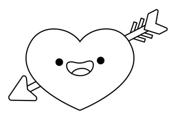 Vector black and white kawaii heart icon with arrow. Line love symbol isolated clipart. Cute outline illustration. Funny Saint Valentine day coloring page for kids .