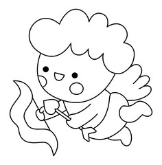 Vector black and white kawaii cupid icon with wings, bow and arrow. Line amour isolated clipart. Cute angel illustration. Funny Saint Valentine day coloring page for kids with love concept.