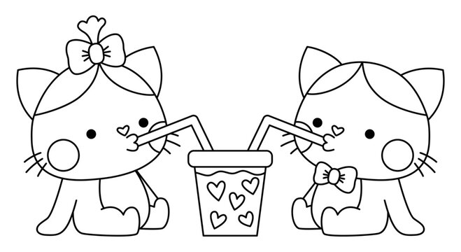 Vector Black And White Kawaii Cat Pair Drinking Bubble Tea. Line Kitties Isolated Clipart. Cute Kitten Outline Illustration. Funny Saint Valentine Day Coloring Page For Kids With Love Concept.