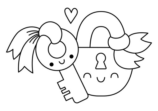 Vector black and white kawaii key and lock. Line locker isolated clipart. Cute Saint Valentine day outline illustration. Funny coloring page for kids with love or perfect match or pair concept.