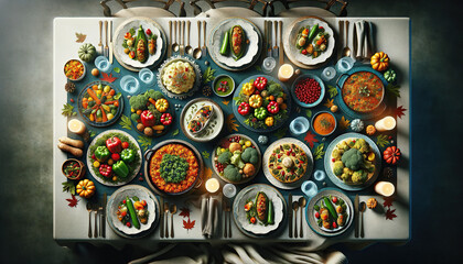 Thanksgiving table with traditional dishes, but no meat, vegan - Bird-eye view