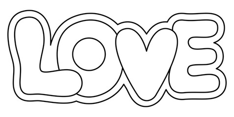Vector black and white love word lettering. Cute line typography illustration. Funny Saint Valentine day coloring page for kids with letters.