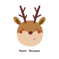 Obraz na płótnie Canvas Happy holidays. Cartoon deer, hand drawing lettering, décor elements. holiday theme. Colorful vector illustration, flat style. design for greeting cards, print, poster