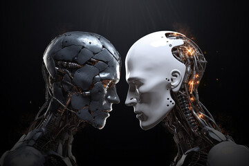 Sci-fi, technology concept. Abstract illustration of robot and human confrontation. Advanced artificial intelligence half human half robot portrait. Modern futuristic robot human assistant