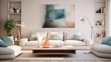 Fototapeta na wymiar The minimalist living room harmoniously combines modernity and coziness with a vibrant shade of white incorporated into the decor. This combination creates a cozy and stylish atmosphere. 