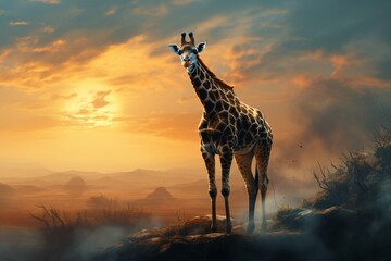 Stunning image capturing a giraffe's graceful stride in the dry savanna meadow during the golden...