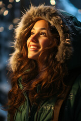 Young woman gazing at northern light in winter setting.