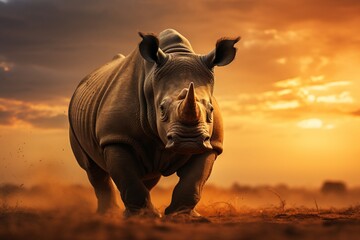 Stunning image of a rhino bathed in the warm hues of the golden hour - obrazy, fototapety, plakaty