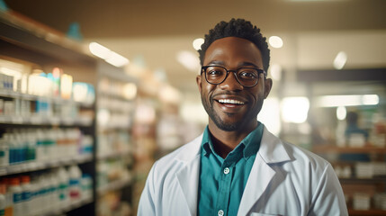 Courteous smiling black pharmacist in white coat assists clients in pharmacy providing advice and help with medications, knowledgeable pharmacist care of customers health