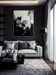 Modern grey interior design with a grey sofa and painting on a wall