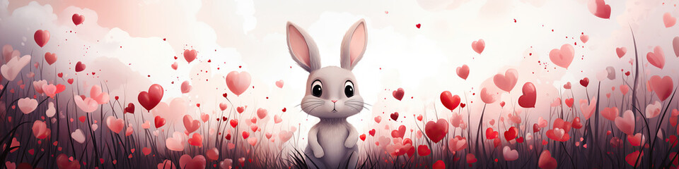 Fototapeta premium cute cartoon character hare bunny rabbit on festive background with pink hearts balloons. Greeting card for celebrating Valentine's Day