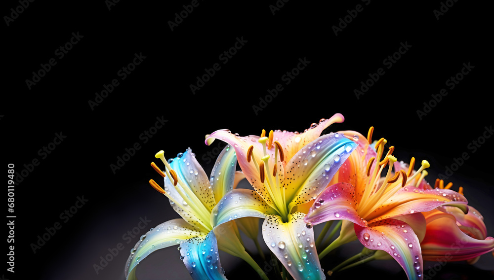 Sticker Panorama of colorful lilies, florist business card background. AI generated.	