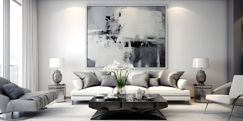 Modern grey interior design with a white sofa and oil painting on a wall