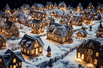 Fototapeta na wymiar Aerial view, fairytale village, houses made of gingerbread. Gingerbread houses in winter.